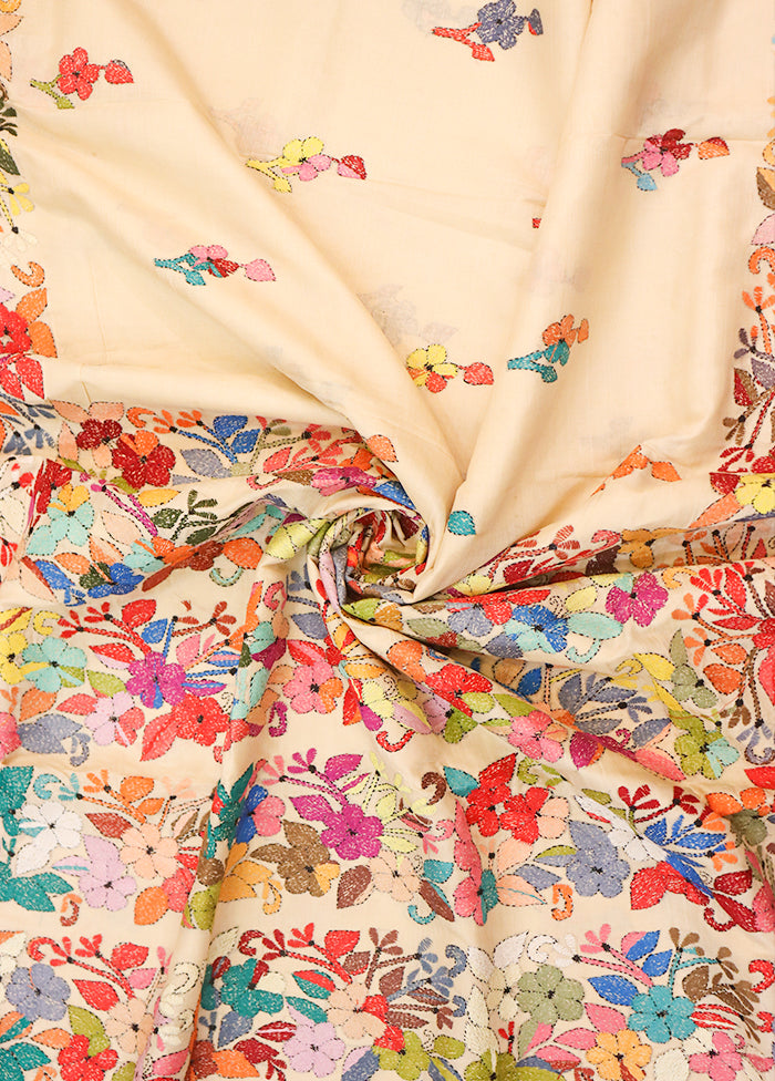 Cream Handloom Kantha Stitch Pure Silk Saree With Blouse Piece