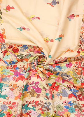 Cream Handloom Kantha Stitch Pure Silk Saree With Blouse Piece