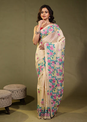 Cream Handloom Kantha Stitch Pure Silk Saree With Blouse Piece