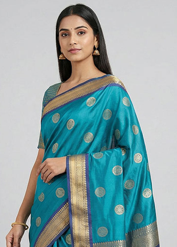 Blue Kanjivaram Silk Saree With Blouse Piece