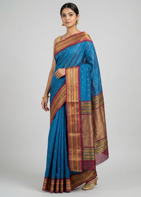 Blue Kanjivaram Silk Saree With Blouse Piece
