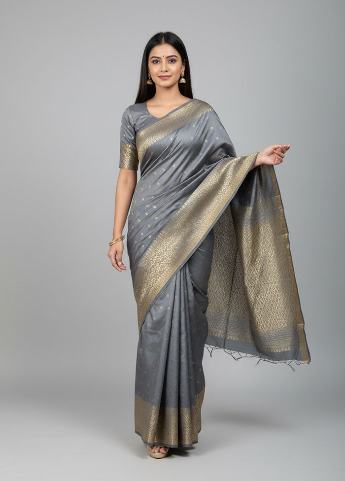 Grey Kanjivaram Silk Saree With Blouse Piece