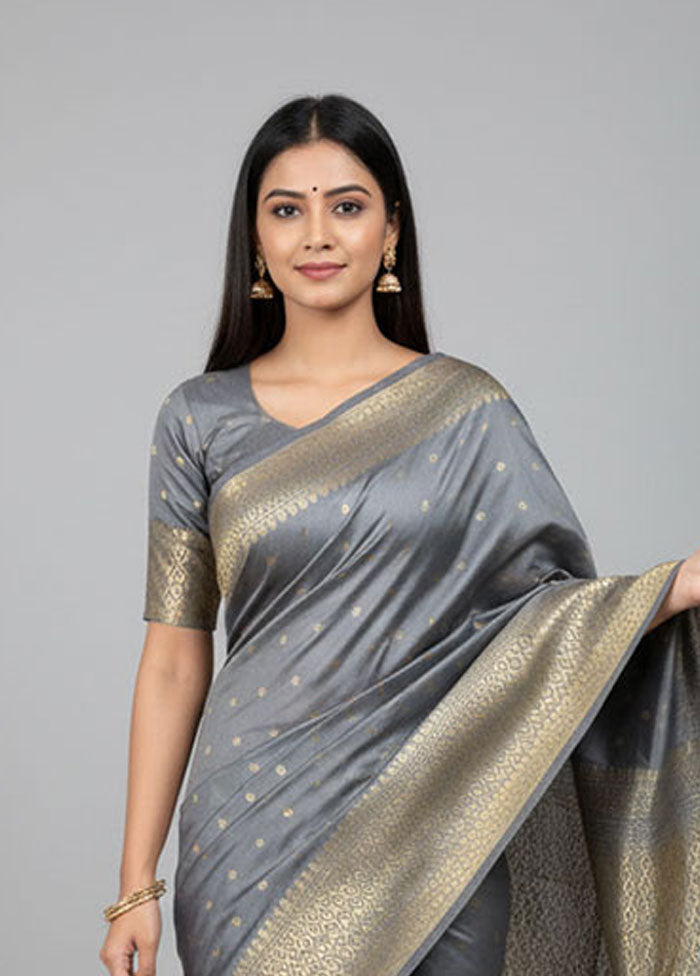 Grey Kanjivaram Silk Saree With Blouse Piece