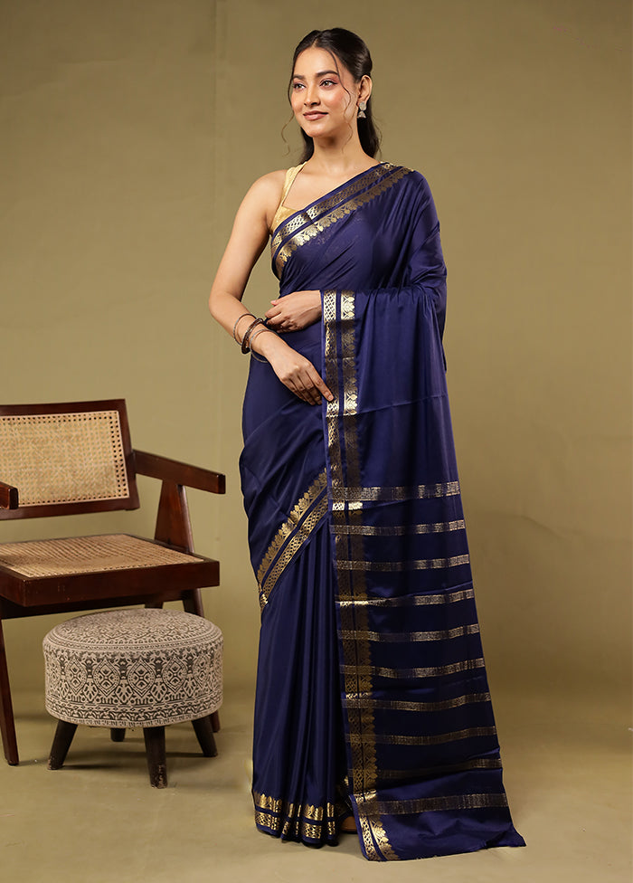 Blue Printed Silk Saree With Blouse Piece