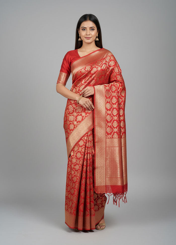 Red Kora Silk Saree With Blouse Piece