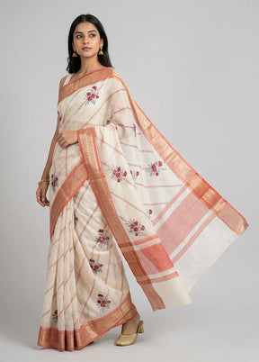 Cream Kora Silk Saree With Blouse Piece