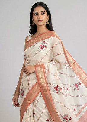 Cream Kora Silk Saree With Blouse Piece
