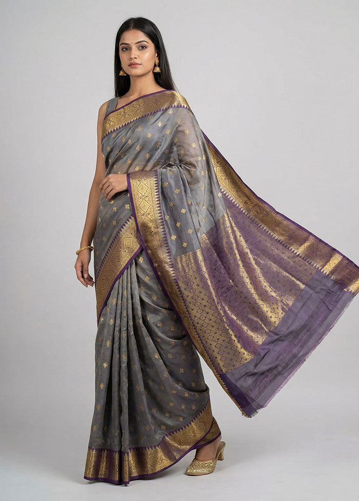 Grey Kanjivaram Silk Saree With Blouse Piece