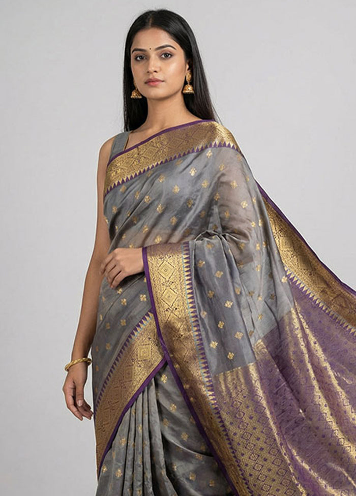 Grey Kanjivaram Silk Saree With Blouse Piece