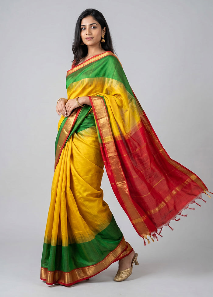 Yellow Handloom Kanjivaram Pure Silk Saree With Blouse Piece