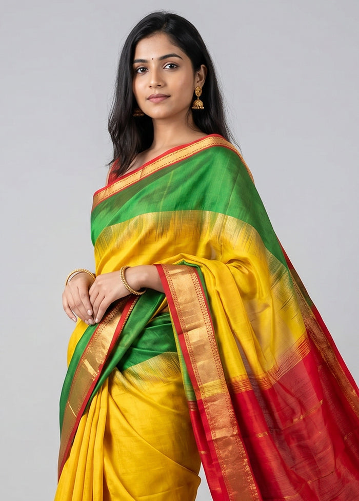 Yellow Handloom Kanjivaram Pure Silk Saree With Blouse Piece
