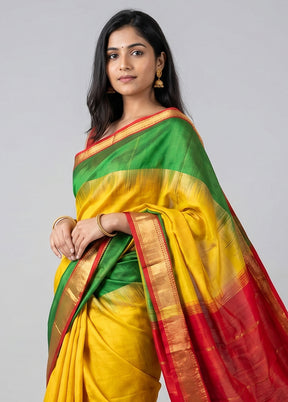 Yellow Handloom Kanjivaram Pure Silk Saree With Blouse Piece