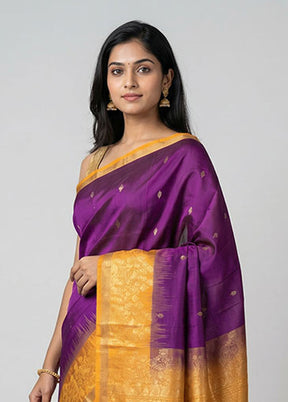 Purple Handloom Kanchipuram Pure Silk Saree With Blouse Piece