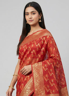 Red Kora Silk Saree With Blouse Piece