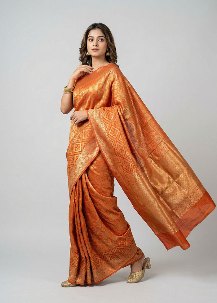 Rust Kora Silk Saree With Blouse Piece