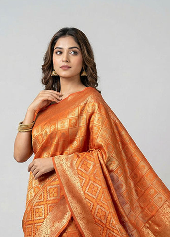 Rust Kora Silk Saree With Blouse Piece