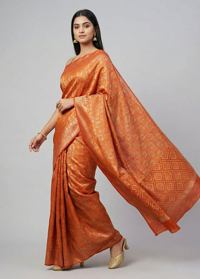 Rust Kora Silk Saree With Blouse Piece