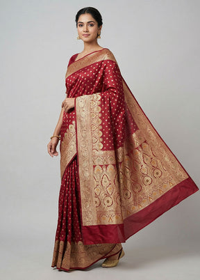 Maroon Handloom Banarasi Pure Silk Saree With Blouse Piece