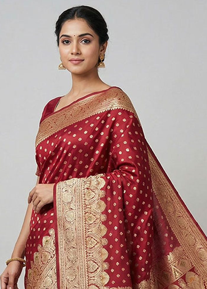 Maroon Handloom Banarasi Pure Silk Saree With Blouse Piece