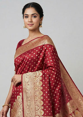 Maroon Handloom Banarasi Pure Silk Saree With Blouse Piece