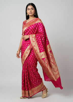 Pink Handloom Banarasi Pure Silk Saree With Blouse Piece