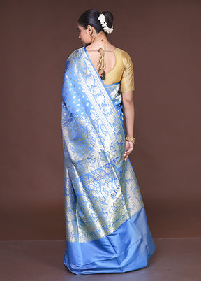 Blue Handloom Banarasi Pure Silk Saree With Blouse Piece