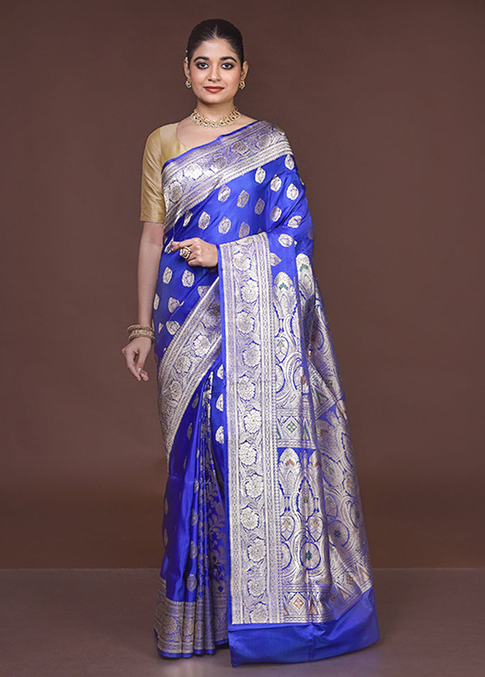 Blue Handloom Banarasi Pure Silk Saree With Blouse Piece