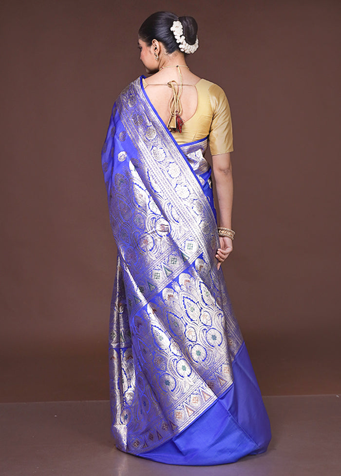 Blue Handloom Banarasi Pure Silk Saree With Blouse Piece