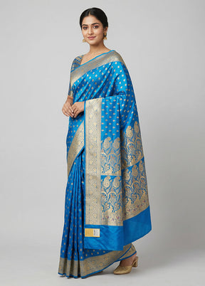Blue Handloom Banarasi Pure Silk Saree With Blouse Piece