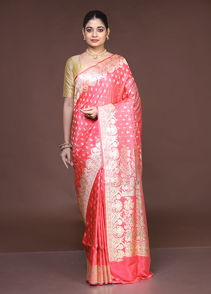 Pink Handloom Banarasi Pure Silk Saree With Blouse Piece