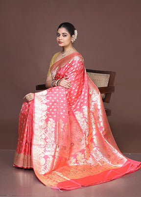 Pink Handloom Banarasi Pure Silk Saree With Blouse Piece