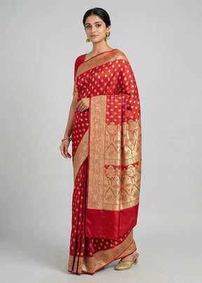 Red Handloom Banarasi Pure Silk Saree With Blouse Piece