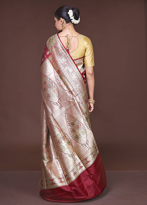 Maroon Handloom Banarasi Pure Silk Saree With Blouse Piece