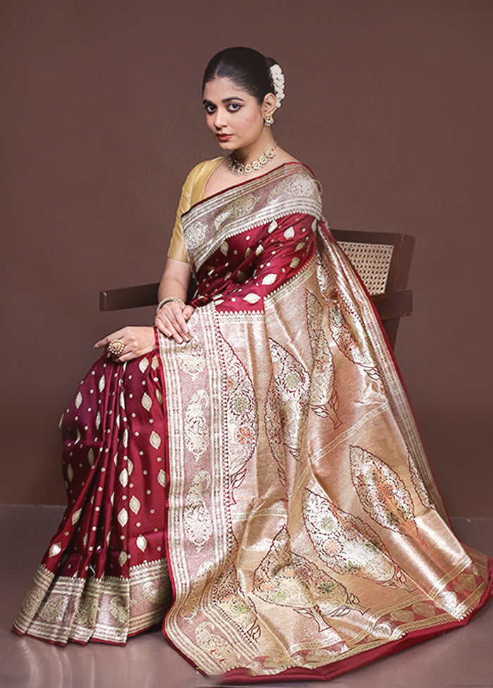 Maroon Handloom Banarasi Pure Silk Saree With Blouse Piece