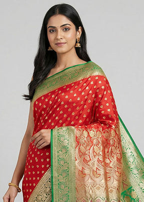 Red Handloom Banarasi Pure Silk Saree With Blouse Piece