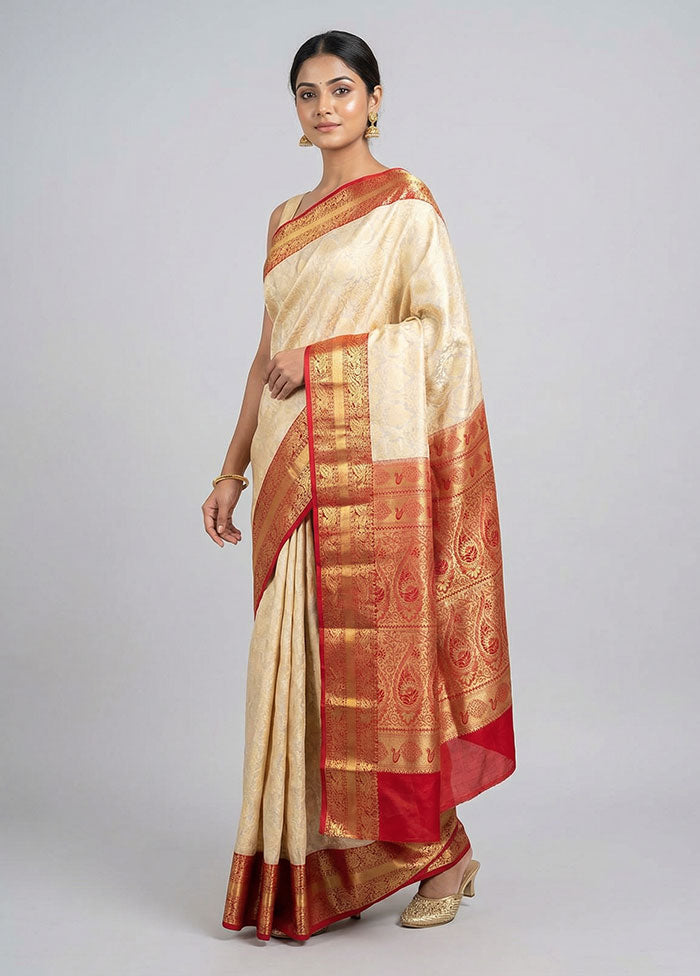 Cream Handloom Kanjivaram Pure Silk Saree With Blouse Piece