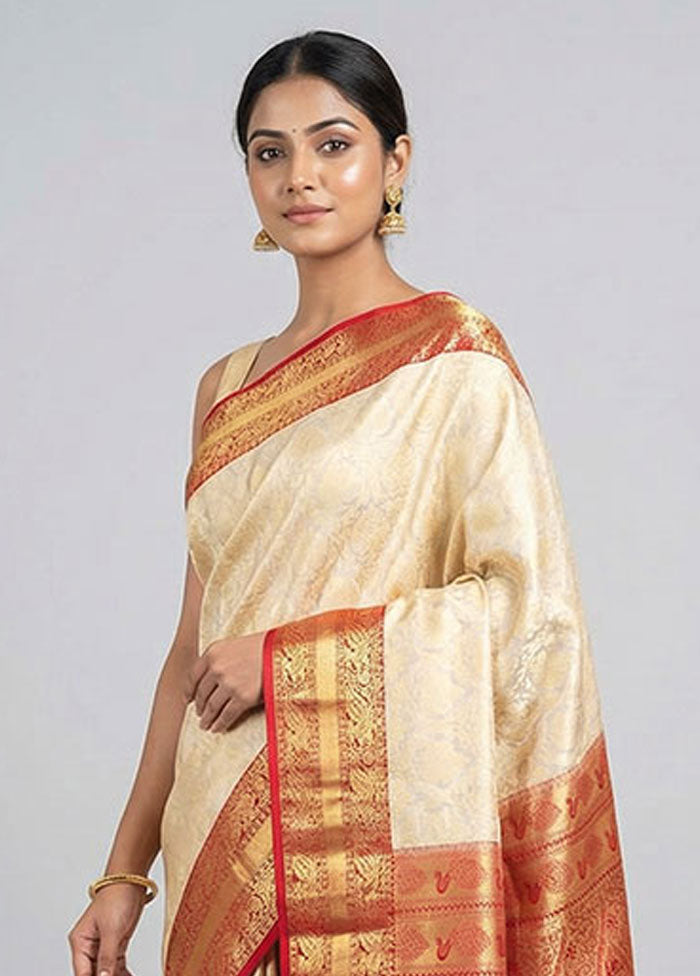 Cream Handloom Kanjivaram Pure Silk Saree With Blouse Piece