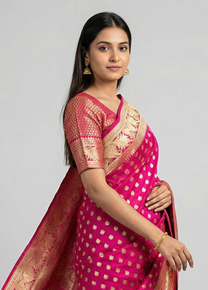 Pink Handloom Banarasi Pure Silk Saree With Blouse Piece