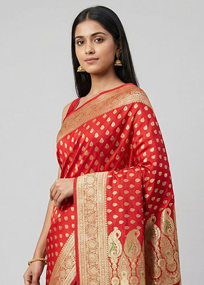 Red Handloom Banarasi Pure Silk Saree With Blouse Piece
