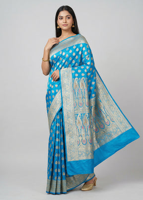 Blue Handloom Banarasi Pure Silk Saree With Blouse Piece