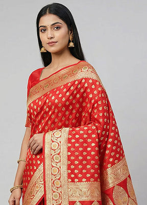 Red Handloom Banarasi Pure Silk Saree With Blouse Piece