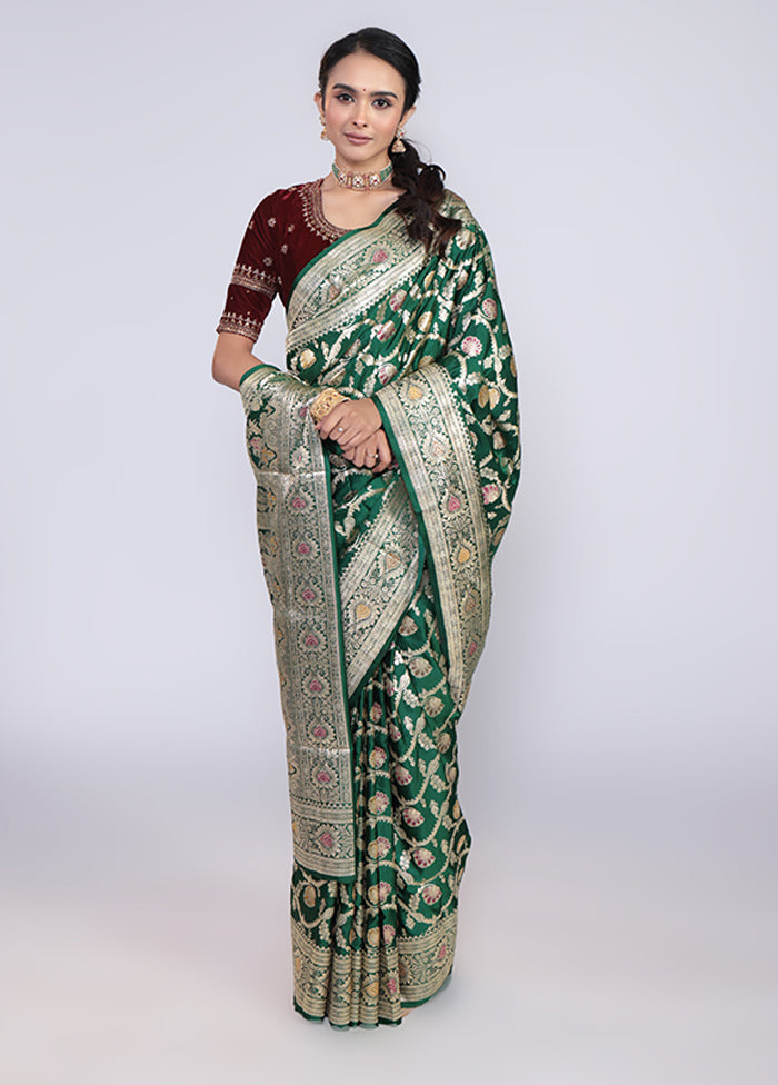 Green Handloom Banarasi Pure Silk Saree With Blouse Piece