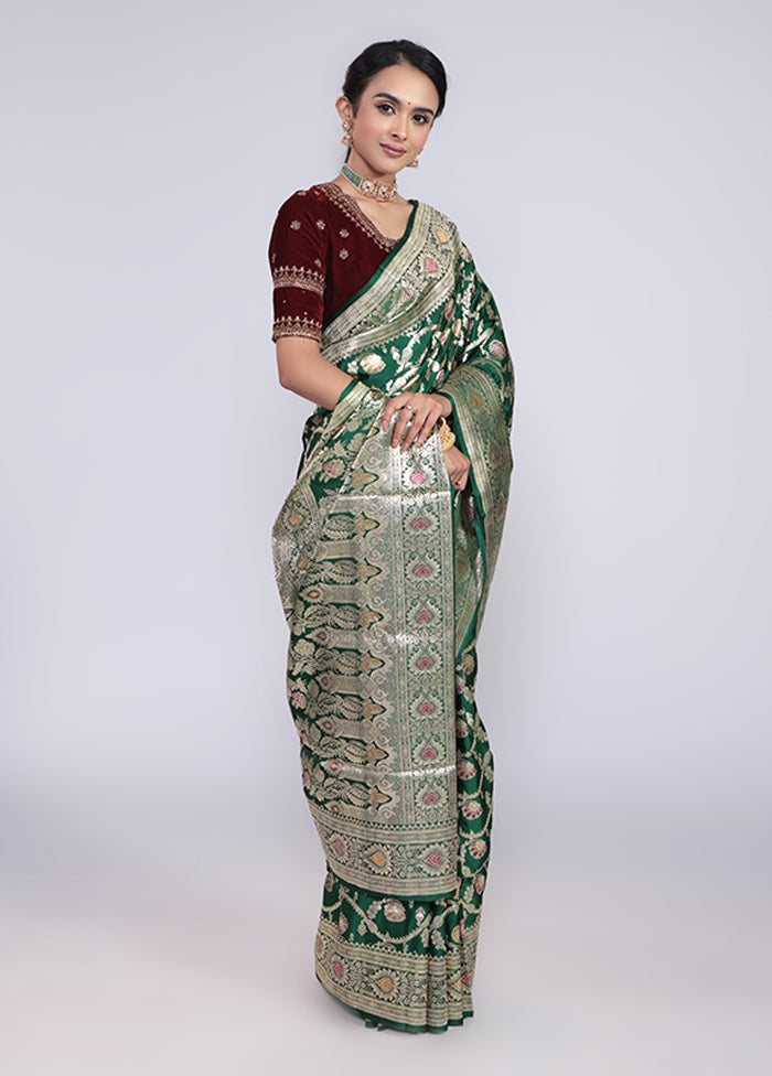 Green Handloom Banarasi Pure Silk Saree With Blouse Piece