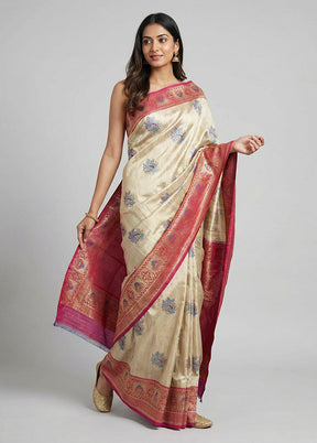 Cream Dupion Silk Saree With Blouse Piece