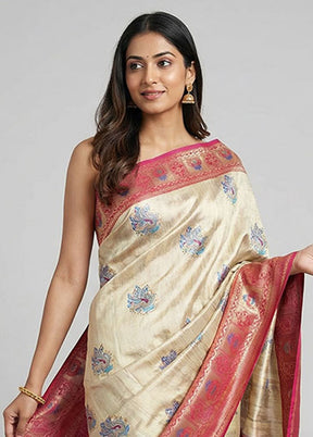 Cream Dupion Silk Saree With Blouse Piece