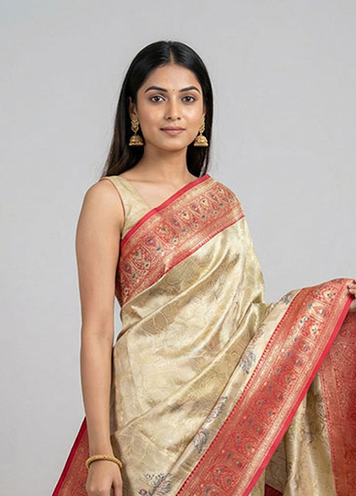 Cream Dupion Silk Saree With Blouse Piece