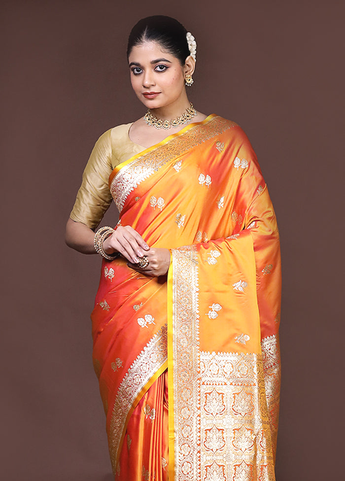 Orange Banarasi Silk Saree With Blouse Piece