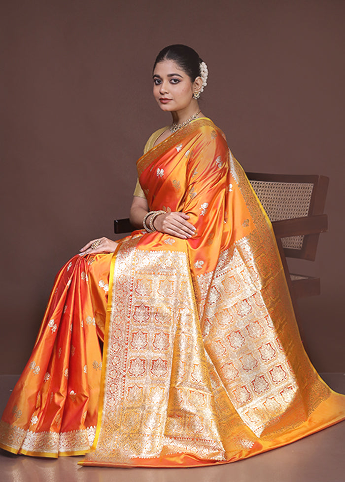 Orange Banarasi Silk Saree With Blouse Piece