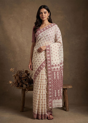 White Assam Silk Saree With Blouse Piece