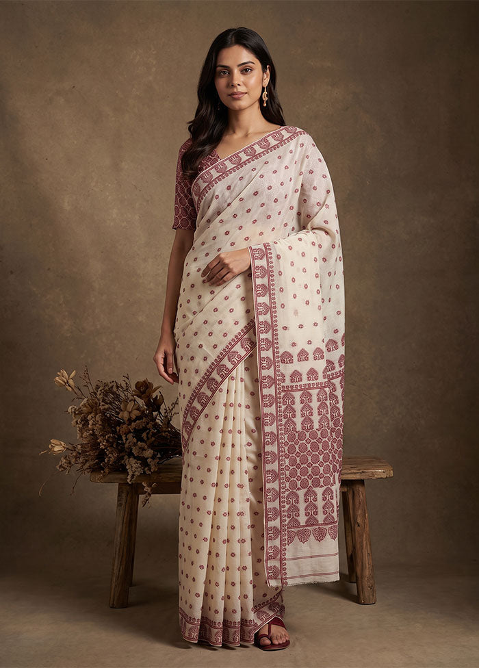 White Assam Silk Saree With Blouse Piece